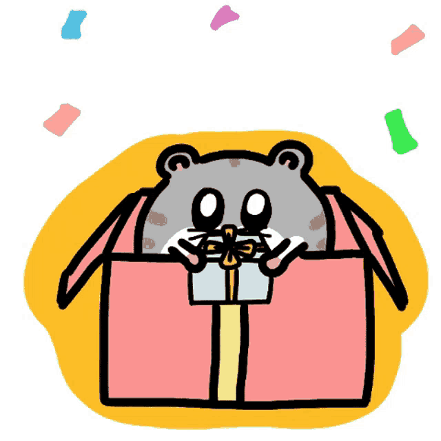 a drawing of a hamster peeking out of a gift box with chinese writing