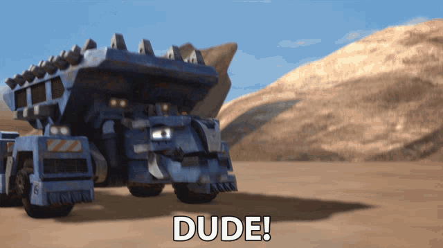 a cartoon truck says dude in front of a desert landscape