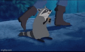 a cartoon raccoon is standing on its hind legs with its eyes closed