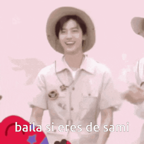 a man wearing a hat is dancing in front of a pink background with the words baila si eres de sami written on it .