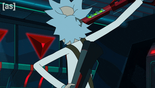 rick from rick and morty is holding a gun in a cartoon