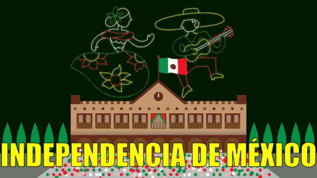 an illustration of a man playing a guitar and a woman dancing in front of a building with the words independencia de mexico below it