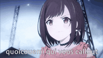 a girl in a pink dress with the words " quoicouemi qui vous callout " written on the bottom