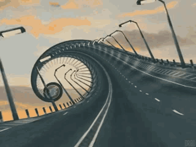 an animated image of a highway with a clock on the side of it
