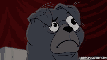 a cartoon pug with a sad look on his face and the website www.pugatory.com written below it