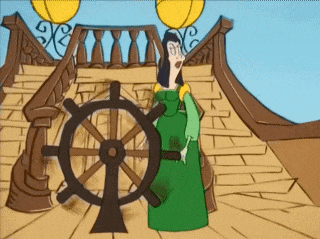 a cartoon of a woman holding a steering wheel on a ship