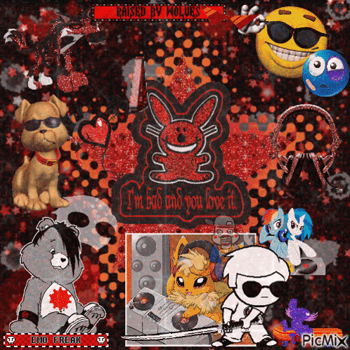 a collage of cartoon characters with the words " i 'm bad and you love it " on top