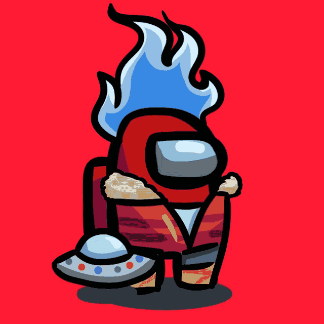 a red among us character with flames on his head holding a ufo