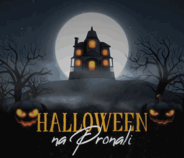a poster for halloween na pronali with a haunted house and pumpkins
