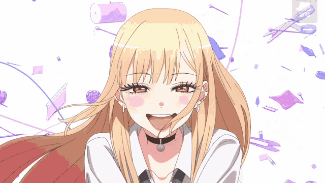 a girl with long blonde hair and red eyes is smiling with her tongue hanging out