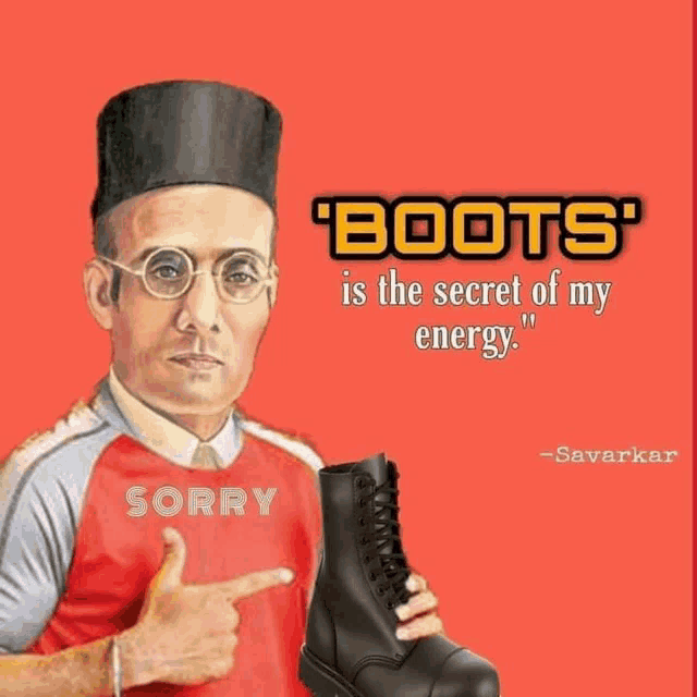 a man is pointing at a pair of boots with a quote from savarkar behind him