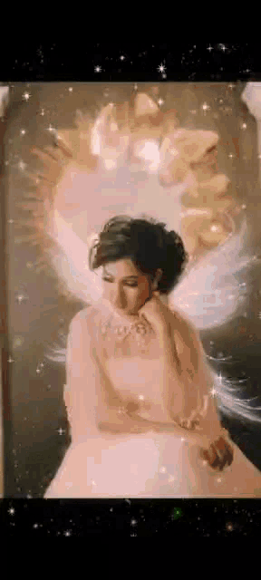 a woman in a pink dress with angel wings is sitting in front of a wall with a flower in her hair .