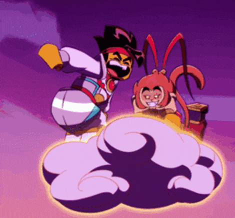 a cartoon character is flying on a cloud with another character