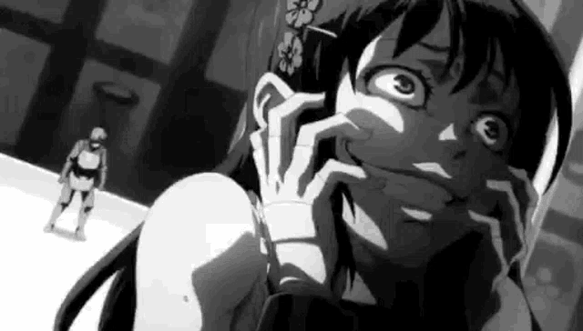 a black and white drawing of a girl covering her mouth with her hands while a man stands behind her .