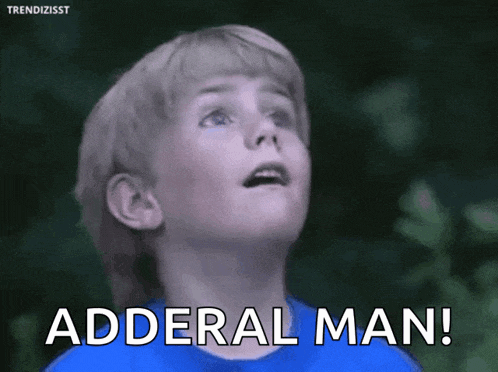 a young boy in a blue shirt is looking up and saying adderal man