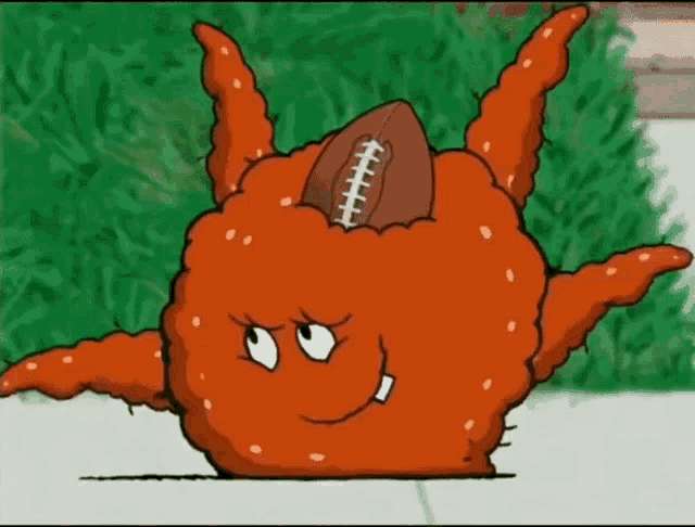 a cartoon chicken nugget with a football on it 's head