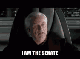 a man is sitting in a chair with the words `` i am the senate '' written on his face .