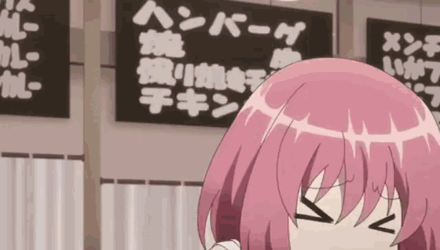 a girl with pink hair is making a funny face in front of a sign that says hamburger .