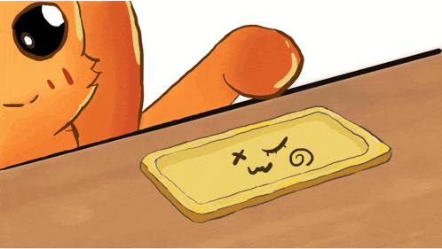 a cartoon drawing of a cat looking at a tray that says x on it