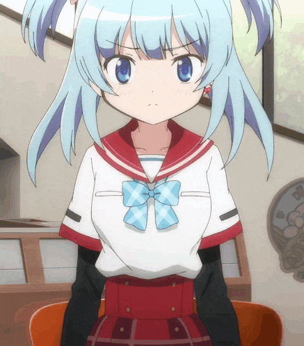 a girl with blue hair is wearing a sailor uniform with a blue bow