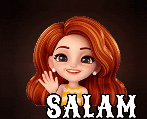 a cartoon girl with red hair says " salam " in white letters