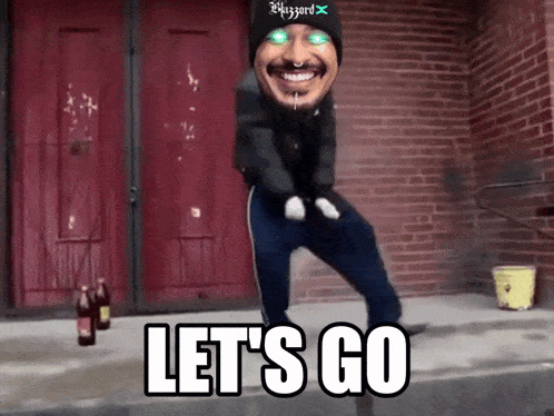 a man in a blizzard hat is dancing in front of a red brick building