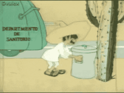 a cartoon of a man putting something in a trash can with the words " departamento de sanitario " on it