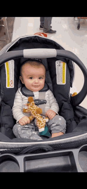 a baby is sitting in a car seat with a stuffed giraffe in his hand