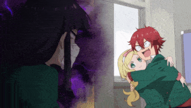 a man with red hair is hugging a girl in a green jacket