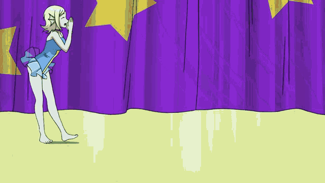 a blue background with a purple curtain and a star