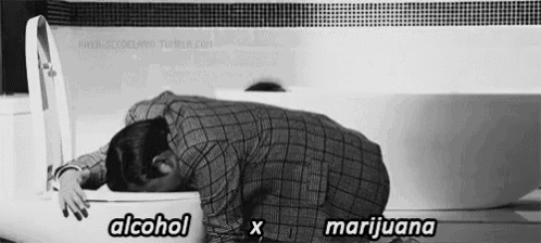 a black and white photo of a man vomiting into a toilet with the words alcohol x marijuana written on it