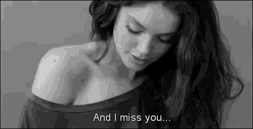 a black and white photo of a woman saying `` and i miss you ... ''