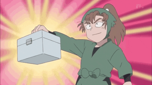 a cartoon character is holding a small box in his hand