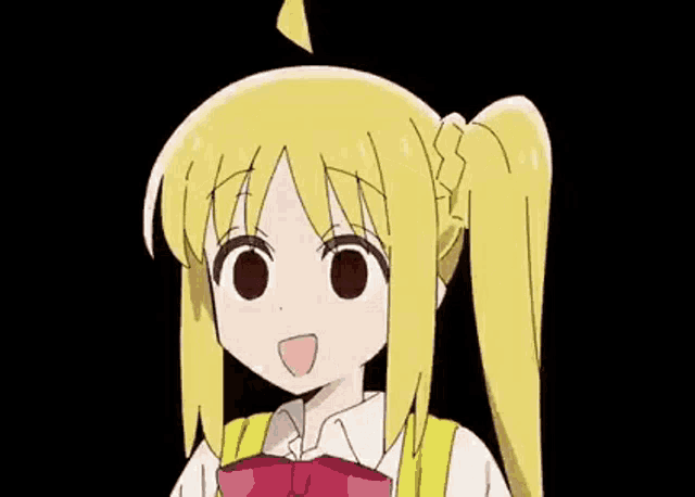 a close up of a cartoon girl with yellow hair and big eyes .