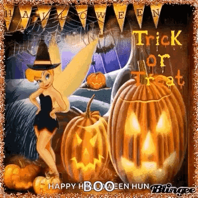 tinkerbell is wearing a witch 's hat and surrounded by pumpkins .