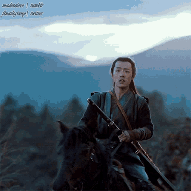 a man riding on the back of a horse with a sword in his hand ..