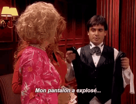 a man in a tuxedo is talking to a woman in a pink dress who says mon pantalon a explosé