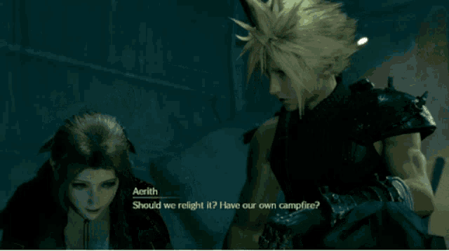 a video game character named aerith is talking to another character