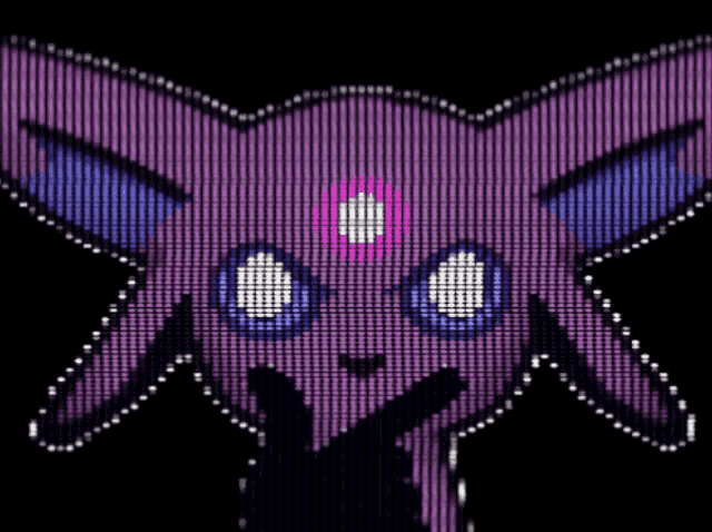 a pixel art of a purple cat with blue eyes and a pink eye