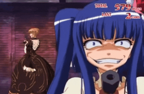 a girl with blue hair is holding a gun in front of a scoreboard that says total 579