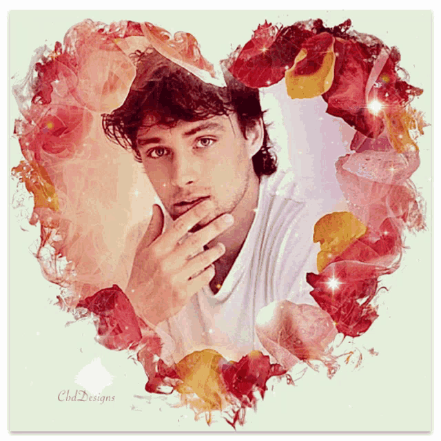 a painting of a man in a heart shaped frame with the words chd designs on the bottom