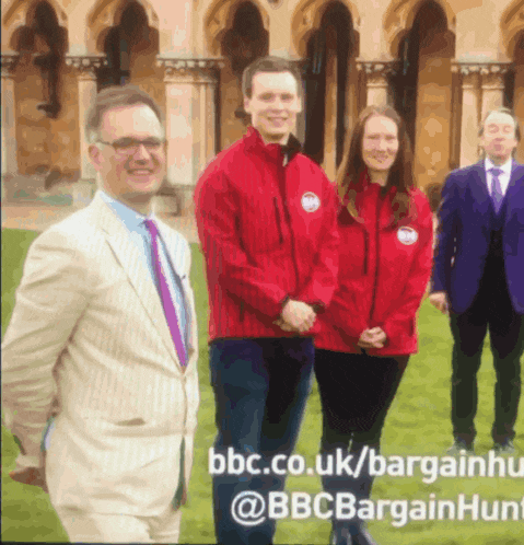 a group of people standing in front of a building with bbc.co.uk/bargainhu @bbcbargainhunt on the bottom