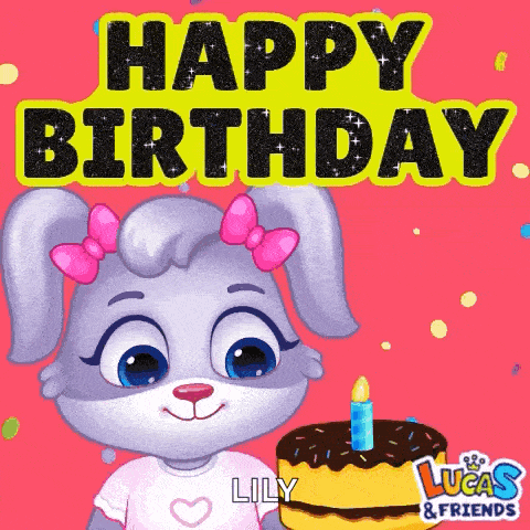 a lucas and friends greeting card with a bunny holding a birthday cake