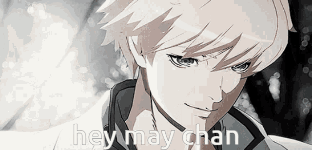 a drawing of a boy with the words hey may chan written below him