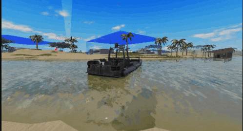 a screenshot of a video game shows a boat in the water near a beach