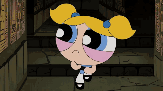 bubbles from the powerpuff girls is walking down a hallway
