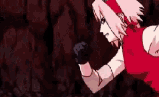 a cartoon girl with pink hair and a red shirt is flexing her muscles