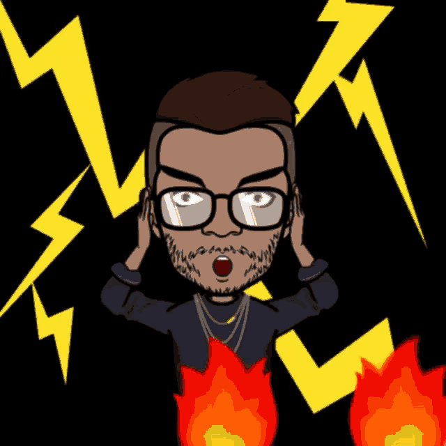 a cartoon of a man covering his ears with his hands with a lightning bolt in the background
