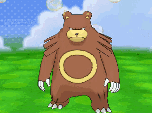 a brown bear with a yellow circle on its chest