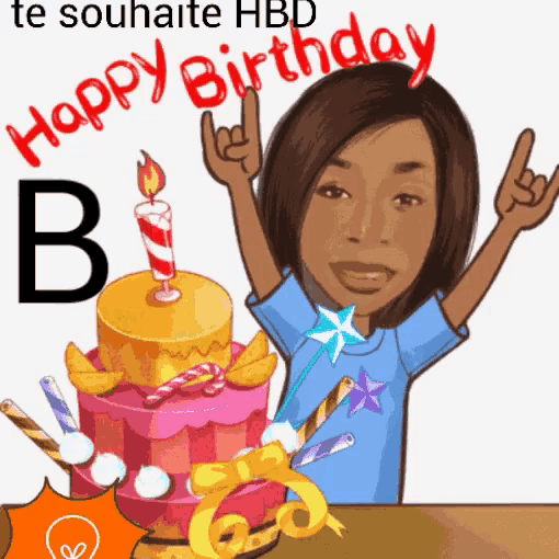 a cartoon of a woman standing in front of a birthday cake that says happy birthday